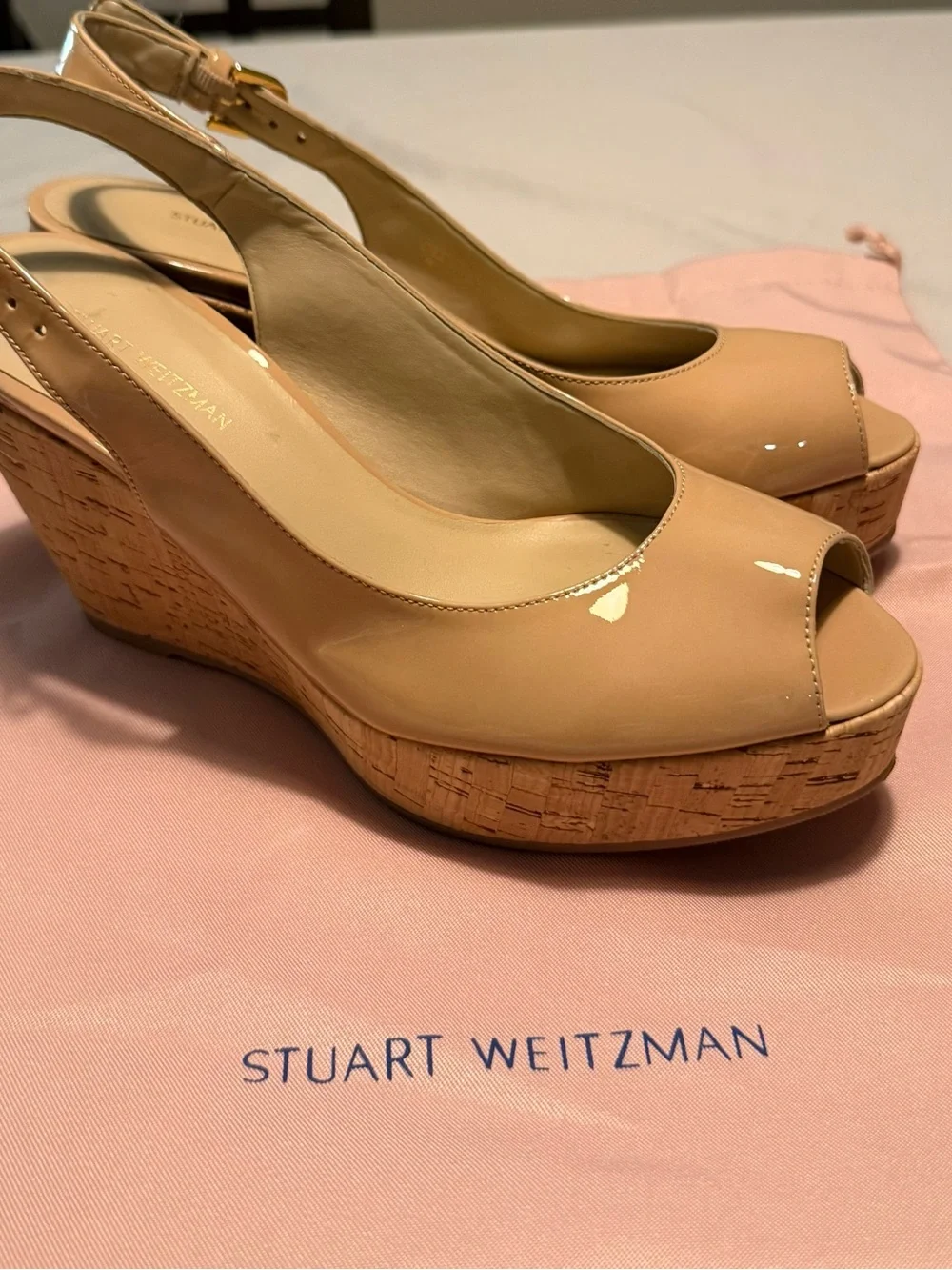 Stuart Weitzman Beige Patent Cork Wedge Slingbacks NIB Size 7.5 - Picture 5 of 9